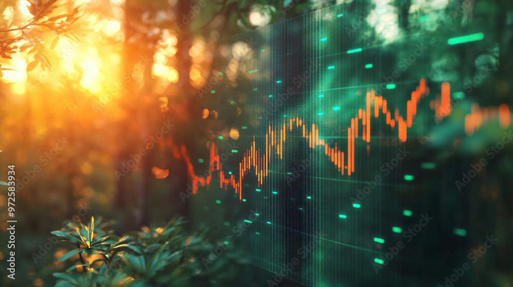 Digital stock market graph displaying growth potential against a backdrop of a stunning forest at sunset