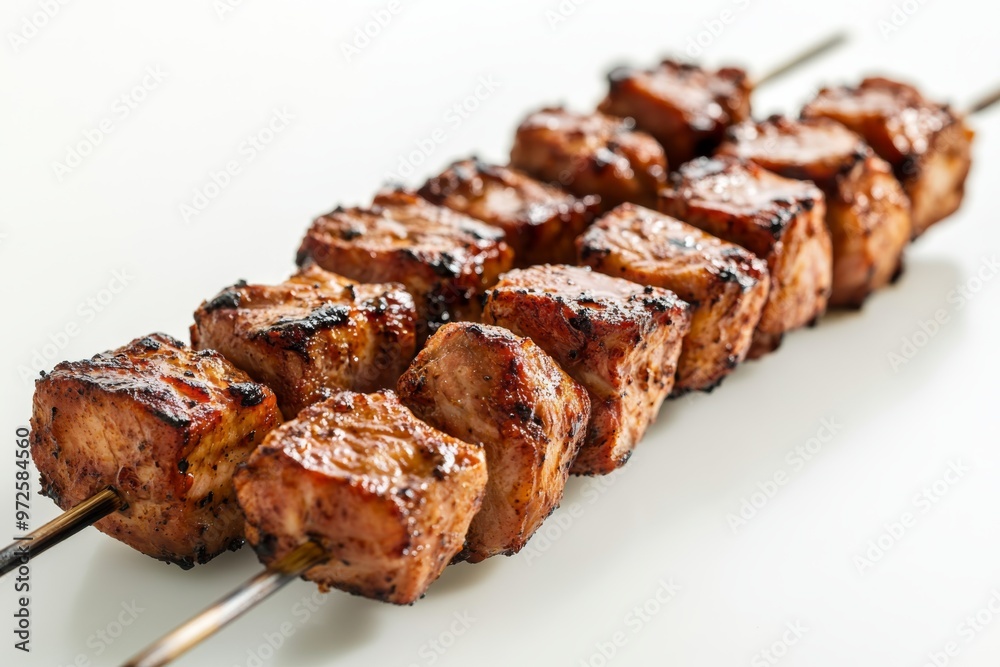 a perfectly roasted shish kebab of marinated pork, placed on a white surface, with a shallow depth of field to blur the skewer and emphasize the meat a perfectly roasted shish kebab of marinated pork, placed on a white surface, with a shallow depth of field to blur the skewer and emphasize the meat