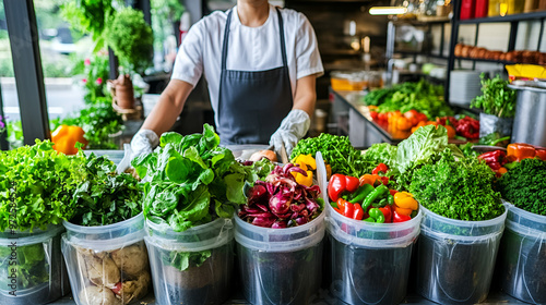 
biodegradable organic waste garbage trash management recycling composting in restaurant commercial industrial kitchen, sustainability in food production business industr photo