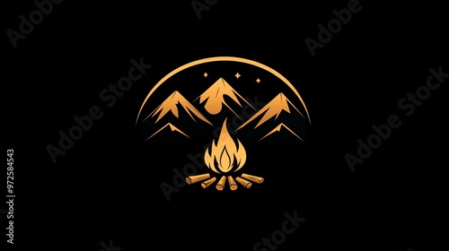 A minimalist logo of mountains and a campfire with stars above.