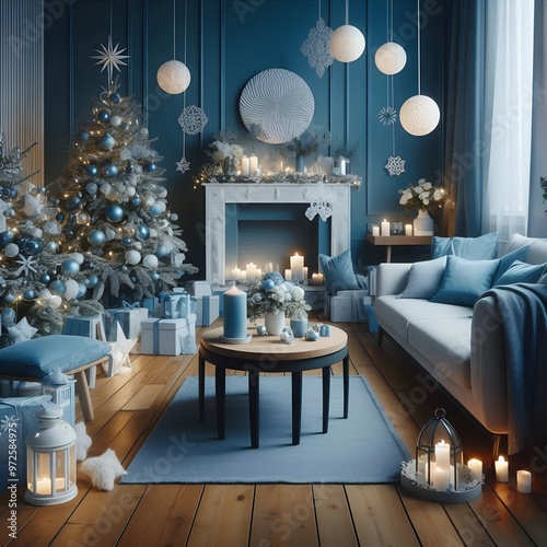 Interior design with blue accents, christmas