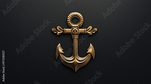 A golden anchor against a black background. photo