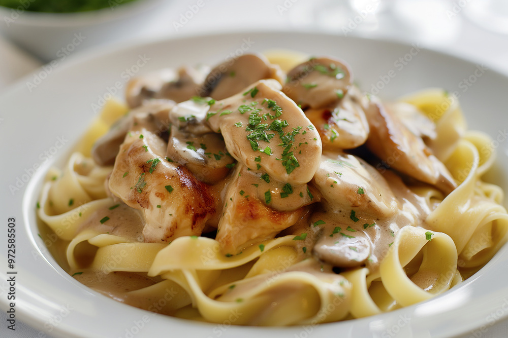 Pasta with chicken and mushrooms served on a plate in a restaurant. Chicken marsala, popular Italian-American dish. Gourmet dining, restaurant menu. Pasta with chicken and mushrooms served on a plate in a restaurant. Chicken marsala, popular Italian-American dish. Gourmet dining, restaurant menu.