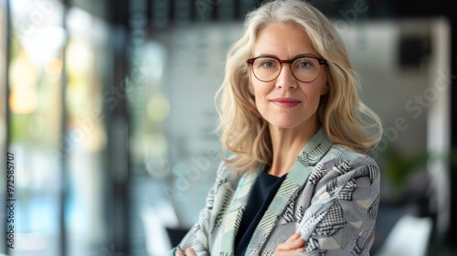 A woman in a business suit is smiling and looking directly at the camera