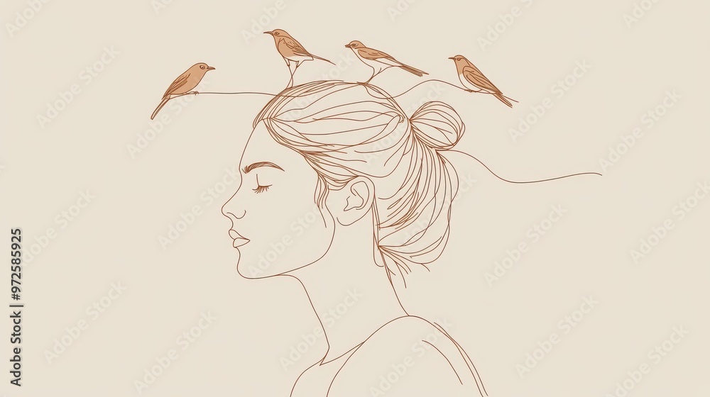 a minimal single line art of a woman with her hair tied up in a bun, with birds perched on the strands, hand drawn style minimalist line art, beige colors and soft brown tones, cream-colored a minimal single line art of a woman with her hair tied up in a bun, with birds perched on the strands, hand drawn style minimalist line art, beige colors and soft brown tones, cream-colored