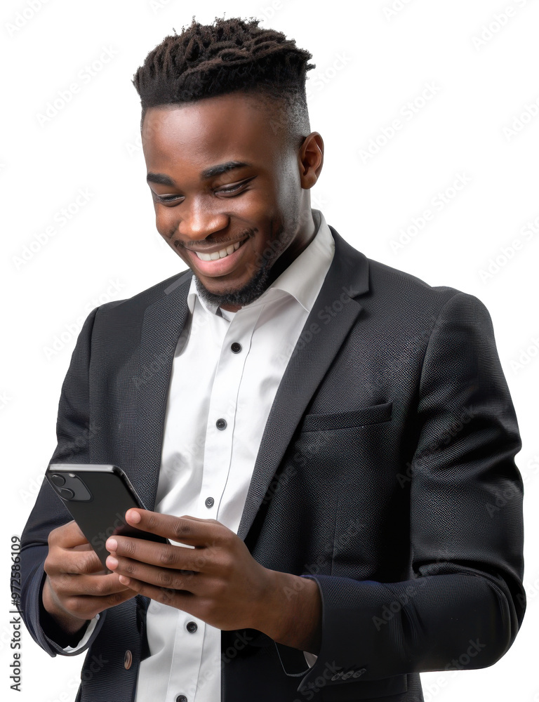 Portrait of young executive black businessman happy smiling and standing posing holding using smart phone, isolated on white background, png Portrait of young executive black businessman happy smiling and standing posing holding using smart phone, isolated on white background, png