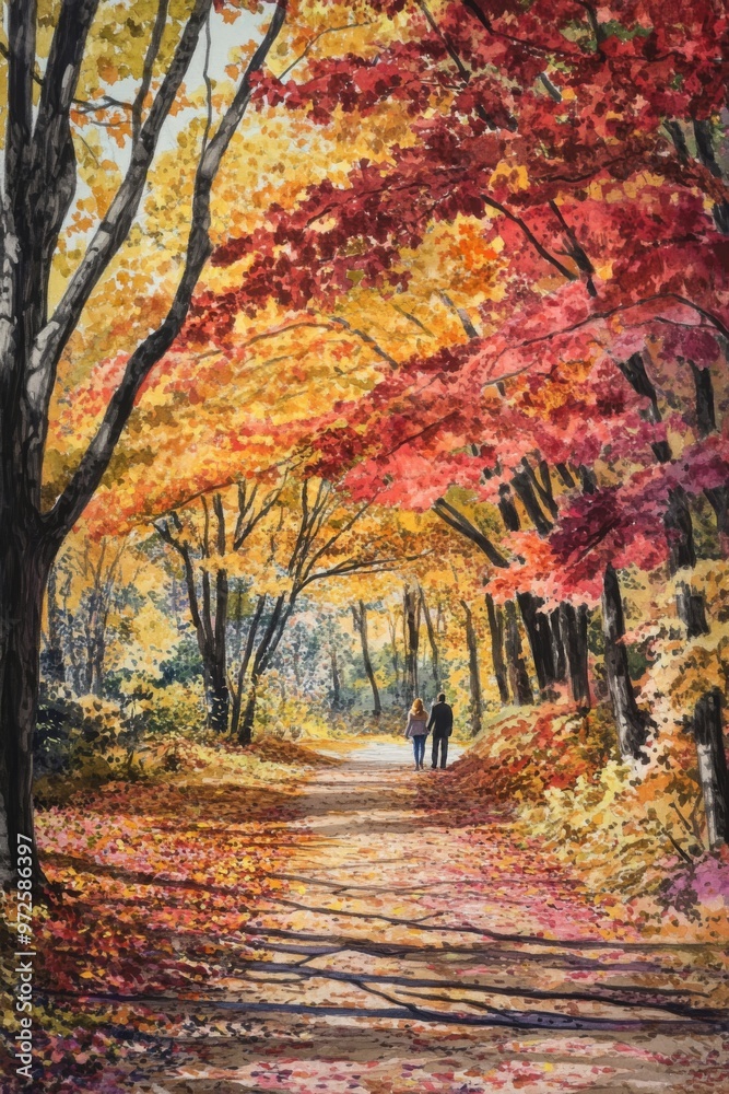 a quiet trail through a forest with a canopy of multicolored autumn leaves, and a couple walking hand-in-hand along the path. a quiet trail through a forest with a canopy of multicolored autumn leaves, and a couple walking hand-in-hand along the path.