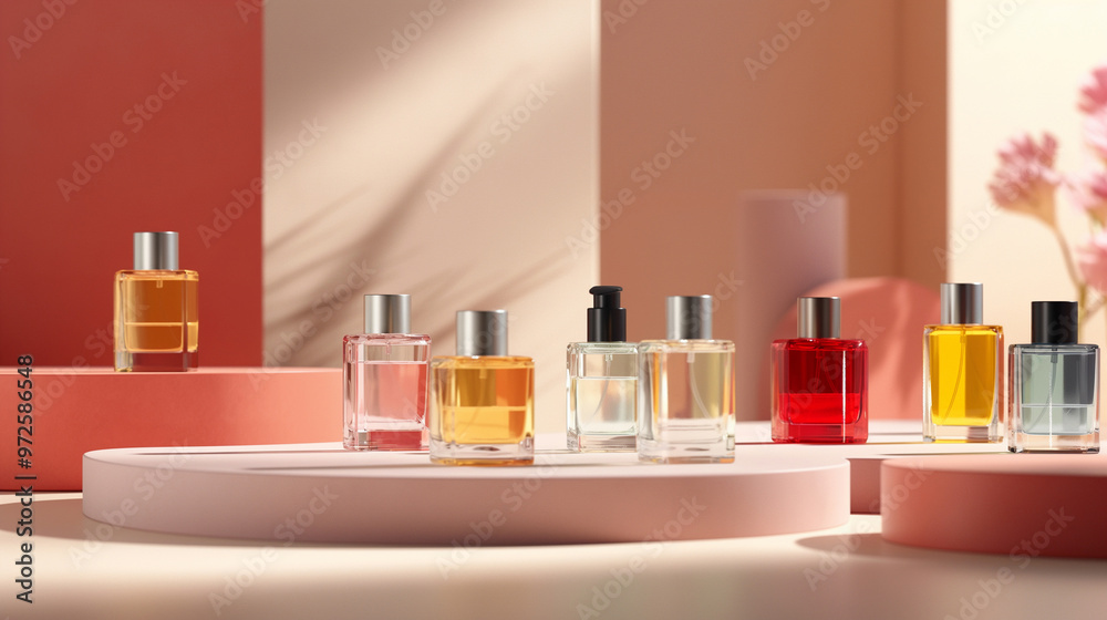 Transparent colorful bottles of perfume standing in a line on pink background, product shot. Fragrance presentation, trending minimal studio shot, perfumery, luxury fragrance, mock-up, template Transparent colorful bottles of perfume standing in a line on pink background, product shot. Fragrance presentation, trending minimal studio shot, perfumery, luxury fragrance, mock-up, template