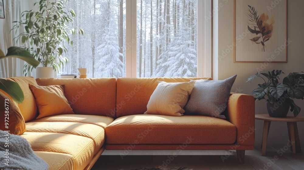Cozy terra cotta fabric corner sofa near window Scandinavian interior design of modern living room Cozy terra cotta fabric corner sofa near window Scandinavian interior design of modern living room