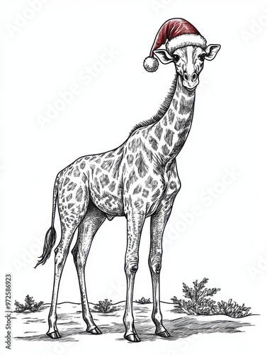 Black and white Vintage engraved art of a full-body giraffe wearing a Christmas Santa hat, isolated on white background, ink sketch illustration, simple vector art design, highly detailed photo