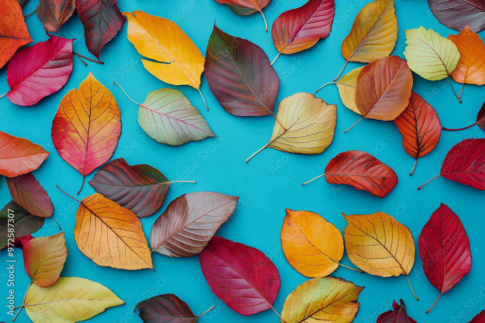Autumn leaves on blue background. Autumn love, romance fall. Autumn vibes, lifestyle and holidays. Hello autumn concept. Fallen leaves Autumn leaves on blue background. Autumn love, romance fall. Autumn vibes, lifestyle and holidays. Hello autumn concept. Fallen leaves