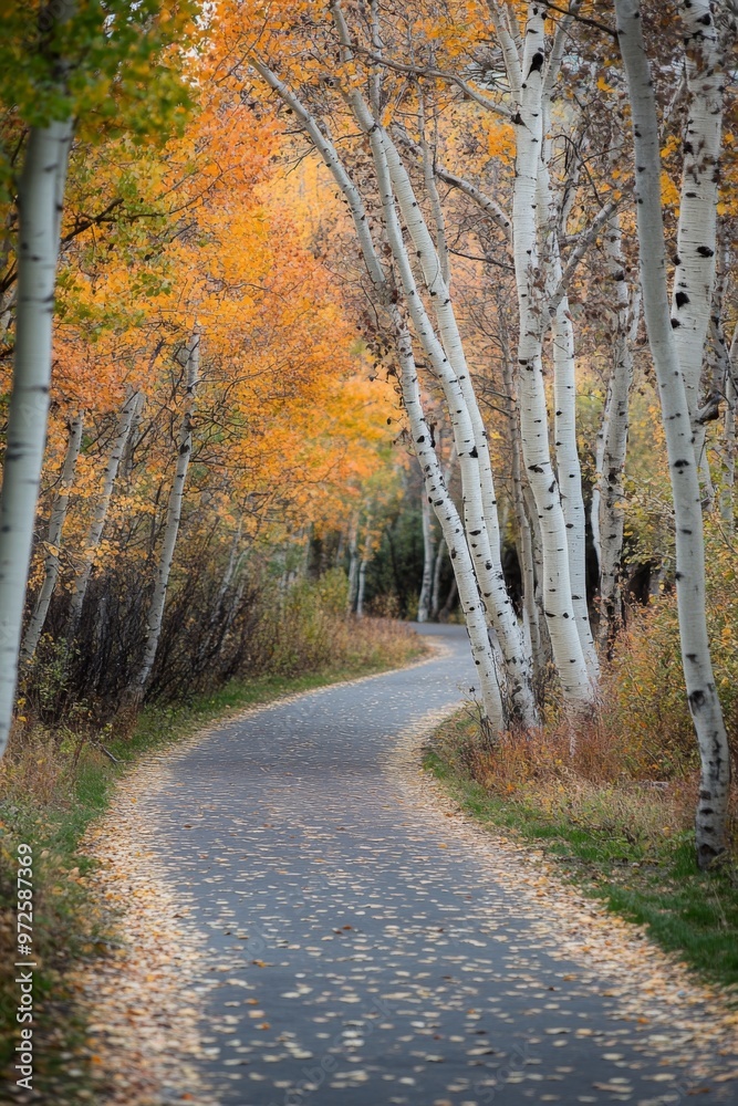 Obraz premium a scenic bike path with a variety of autumn leaves, including aspens and birches