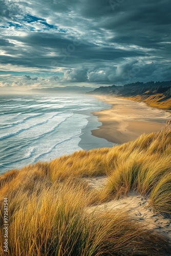 a scenic coastal view during the autumnal equinox, with golden sands, gently crashing waves, and coastal vegetation in fall colors.