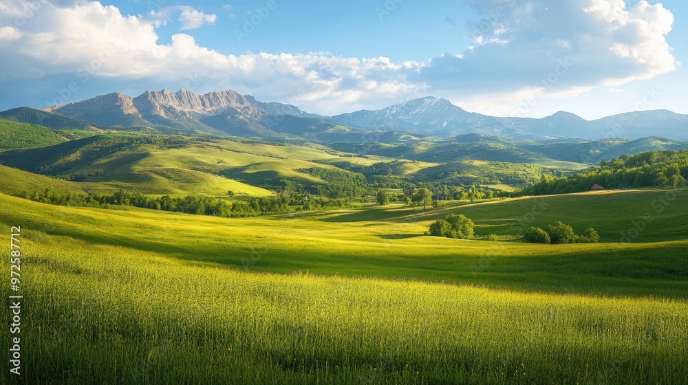 A serene countryside scene with rolling green hills and majestic mountains in the background, capturing the peacefulness of nature. A serene countryside scene with rolling green hills and majestic mountains in the background, capturing the peacefulness of nature.