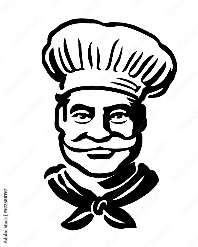 Happy elderly chef in hat sketch. Hand drawn portrait of male cook vector illustration