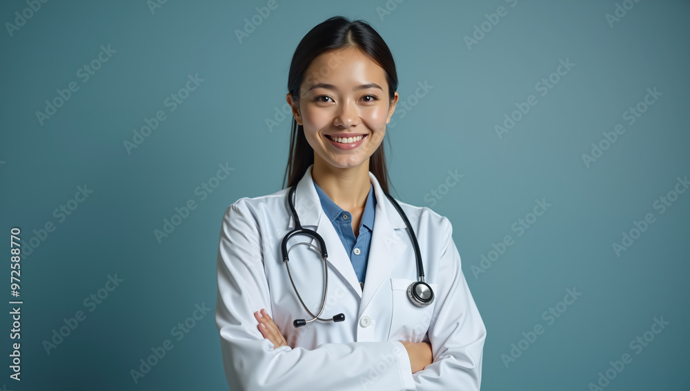 Young female doctor smiling confidently in white coat with stethoscope in clinical setting Young female doctor smiling confidently in white coat with stethoscope in clinical setting