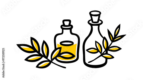 Bottles of essential oils, soothing arrangement, health and wellness theme, minimalistic style