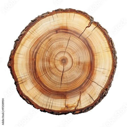 Top view of a tree stump slice isolated on transparent background. Crosscut of a beautiful wood grain. Closeup of wooden surface texture.