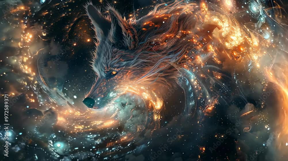 A cosmic fox blends with swirling galaxies in a breathtaking night sky artwork A cosmic fox blends with swirling galaxies in a breathtaking night sky artwork