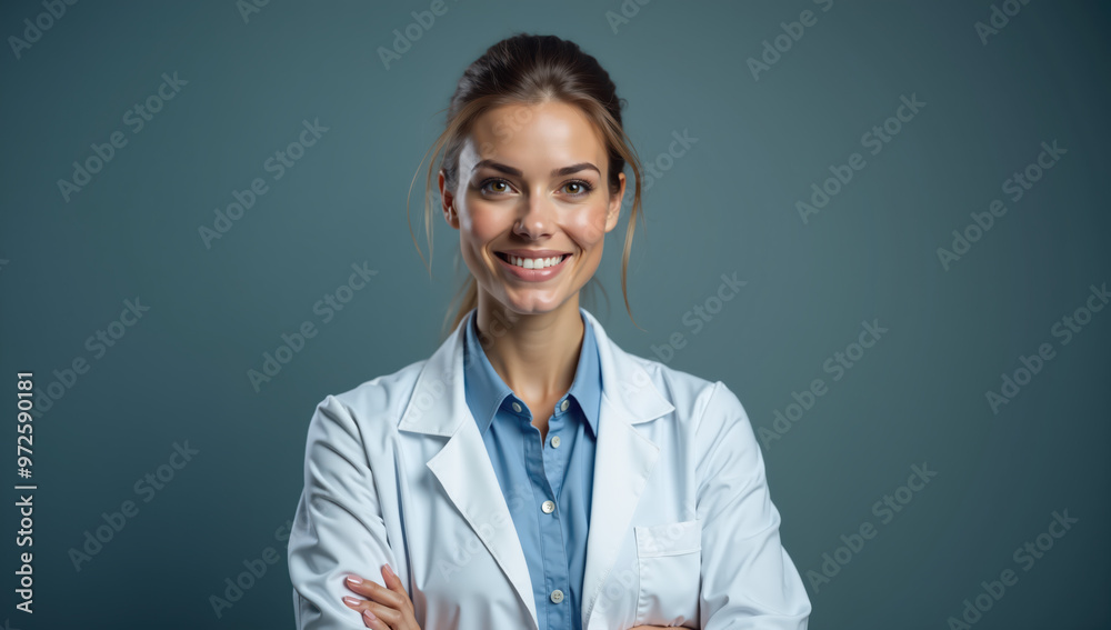 Smiling female doctor in white coat with arms crossed posing confidently Smiling female doctor in white coat with arms crossed posing confidently