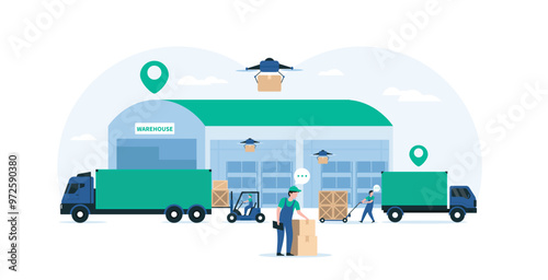 Warehouse Industry Featuring Storage Buildings, Forklift, Trucks, and Racks with Boxes. Highlighting Modern Logistics Operations. Vector Illustration