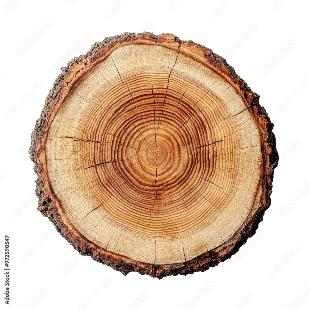 Fototapeta premium Top view of a tree stump slice isolated on transparent background. Crosscut of a beautiful wood grain. Closeup of wooden surface texture.