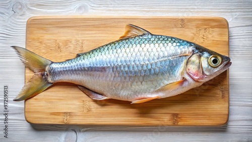 Freshly caught silver fish with iridescent scales, its delicate spine exposed, lies on a rustic wooden cutting board photo