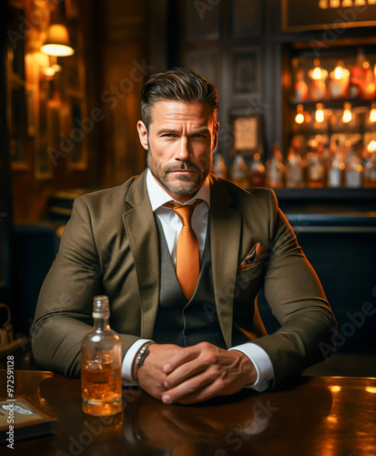 Portrait of a well-dressed man sitting confidently at a bar, wearing a suit and tie, with a whiskey bottle on the table, evoking sophistication and class