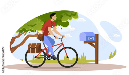 Man at bicycle with mailbox. Young guy on bicycle delivers letter. Mailman and postal service. International communication and correspodence. Flat vector illustration isolated on white background