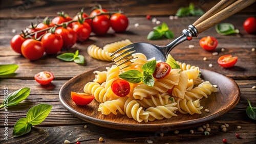 Freshly cooked spiral pasta twirls around a fork, surrounded by cherry tomatoes, basil leaves, and a sprinkle of photo