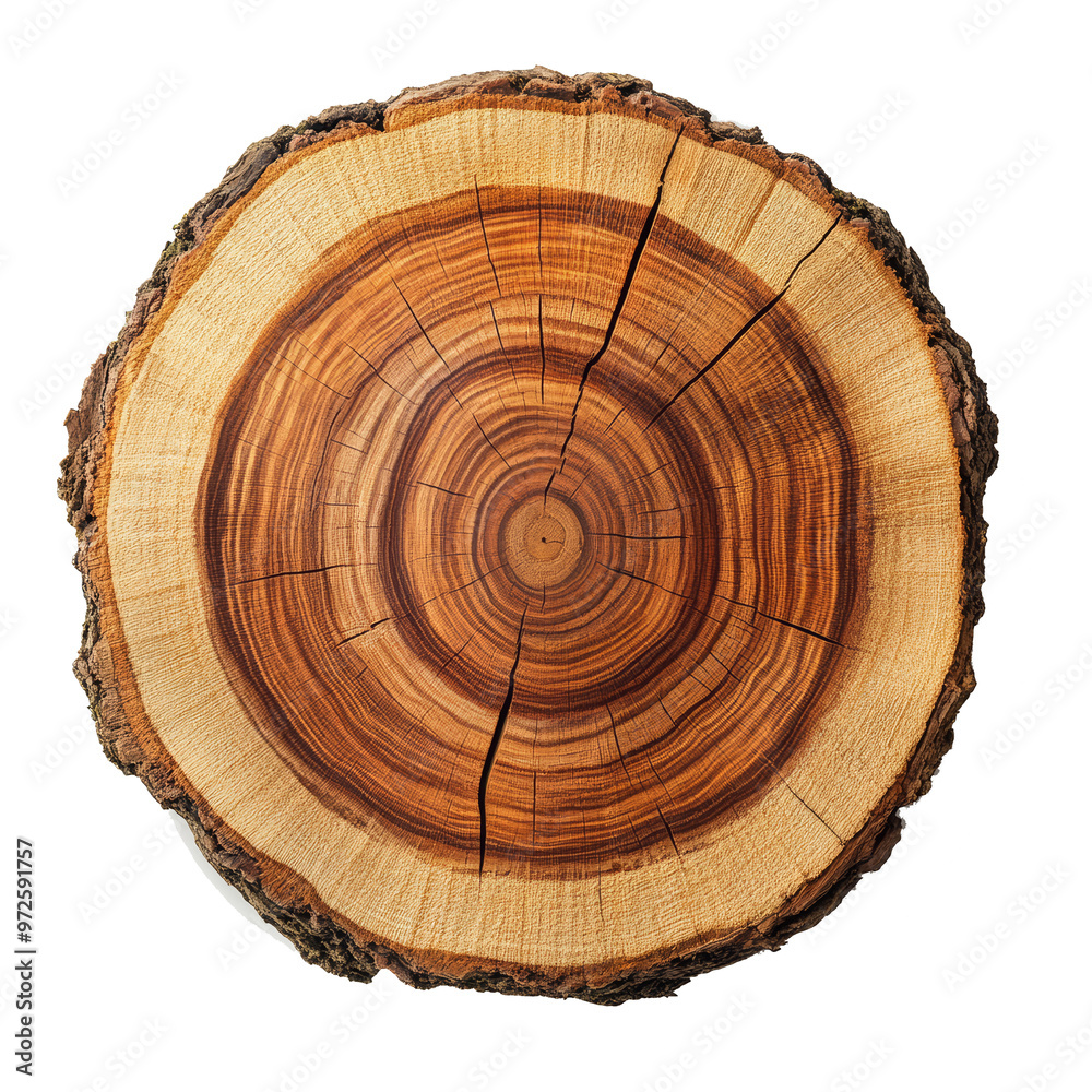 Fototapeta premium Top view of a tree stump slice isolated on transparent background. Crosscut of a beautiful wood grain. Closeup of wooden surface texture.