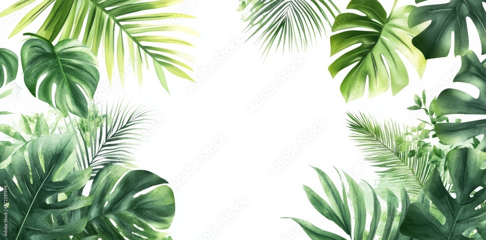 Tropical green leaves as a frame with empty space in the middle. White background. Greeting card or invitation template design. Tropical green leaves as a frame with empty space in the middle. White background. Greeting card or invitation template design.