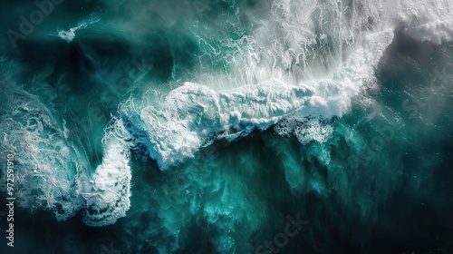 Aerial View of Ocean Waves Crashing