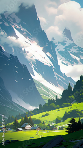 A picturesque mountain village nestled in a lush green valley beneath towering snow-capped peaks, showcasing a tranquil natural landscape