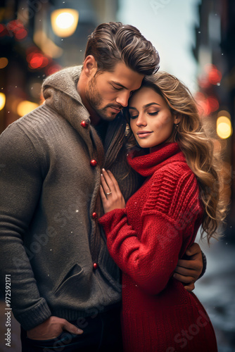 A loving couple dressed in cozy winter clothes, embracing on a snowy street, creating a warm and romantic atmosphere