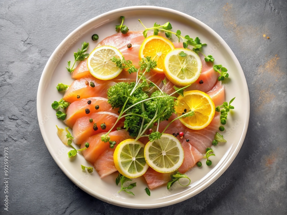 Freshly sliced raw fish arranged artfully on a crisp white plate, garnished with lemon wedges, parsley, and Freshly sliced raw fish arranged artfully on a crisp white plate, garnished with lemon wedges, parsley, and