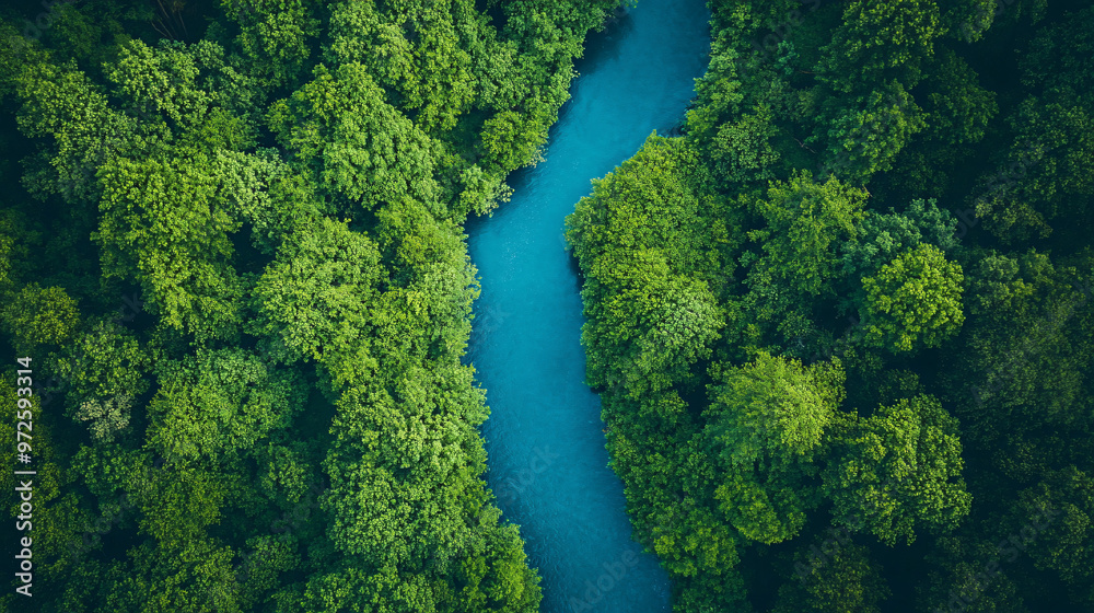 Tranquil blue river meanders through lush green forest, creating a serene and harmonious natural scene