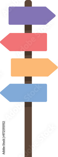 Wooden signpost with colorful arrow signs is showing multiple directions, symbolizing different choices on life's path