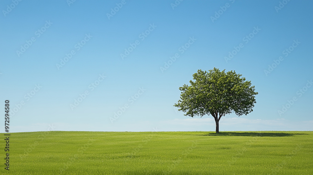 Obraz premium Lone Tree in Vast Field: Ample Space for Text on Plain Background