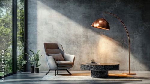 Interior of modern living room with copper floor lamp, granite coffee table and armchair, empty wall Home design