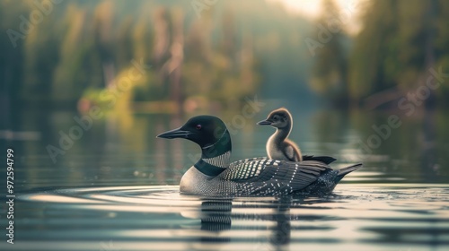 Adult loon caring for its baby chick in a serene lake setting with space for text or graphics. Copy space image photo