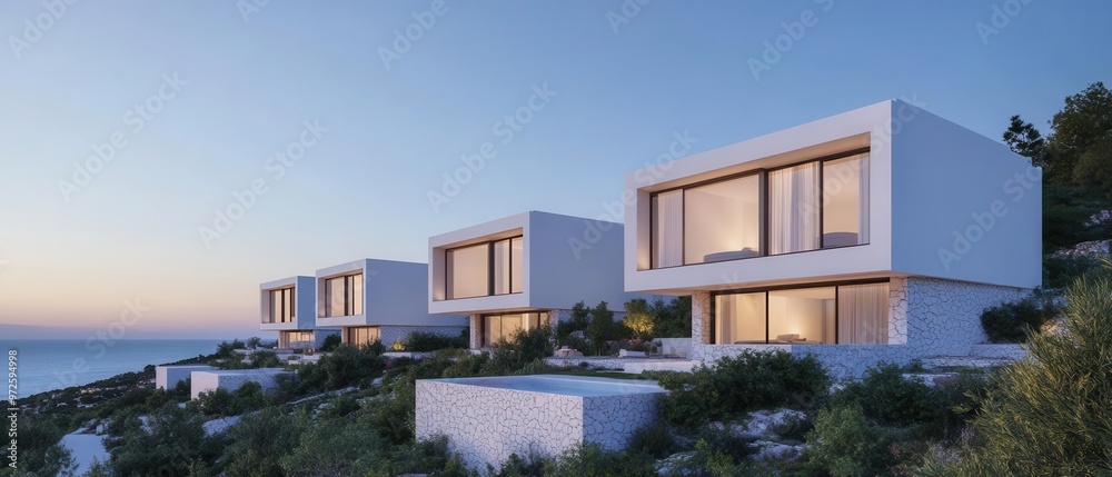 homes with stunning sea views, nestled on a hillside at sunset, showcasing exquisite architectural design and tranquility. homes with stunning sea views, nestled on a hillside at sunset, showcasing exquisite architectural design and tranquility.