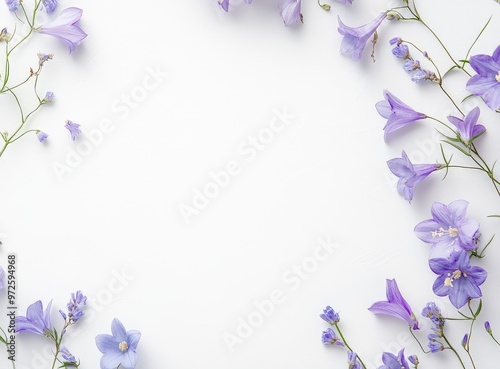 Elegant purple flower frame on crisp white background with delicate floral accents