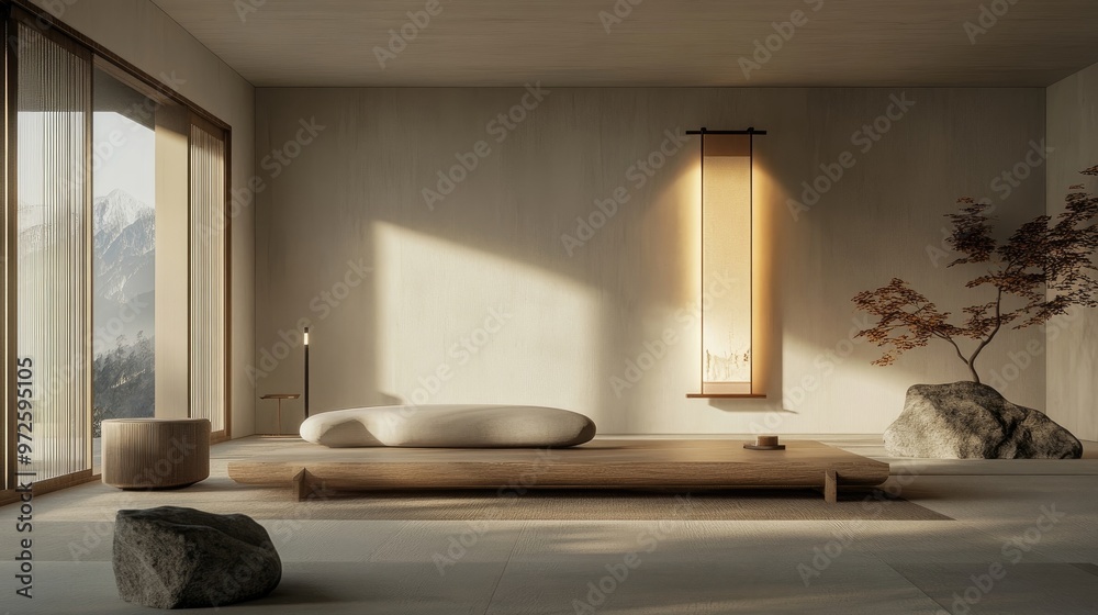 Fototapeta premium Japandi minimalist interior design of modern living room, home