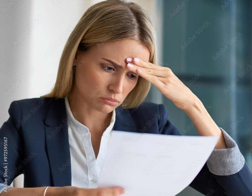 Unhappy businesswoman touching forehead and holding paper, reading bad negative news in letter, upset young female shocked by unexpected loan debt, bank or job dismissal notification, eviction notice. Unhappy businesswoman touching forehead and holding paper, reading bad negative news in letter, upset young female shocked by unexpected loan debt, bank or job dismissal notification, eviction notice.