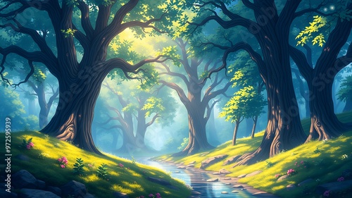 Anime-style illustration of a quiet forest with river, big and tall trees