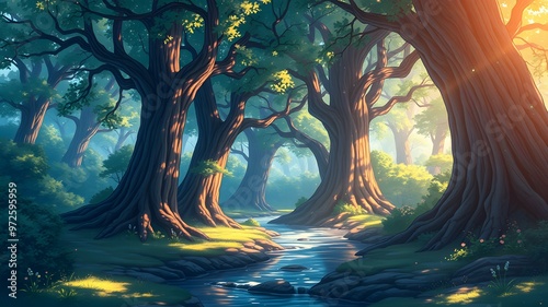 Anime-style illustration of a quiet forest with river, big and tall trees