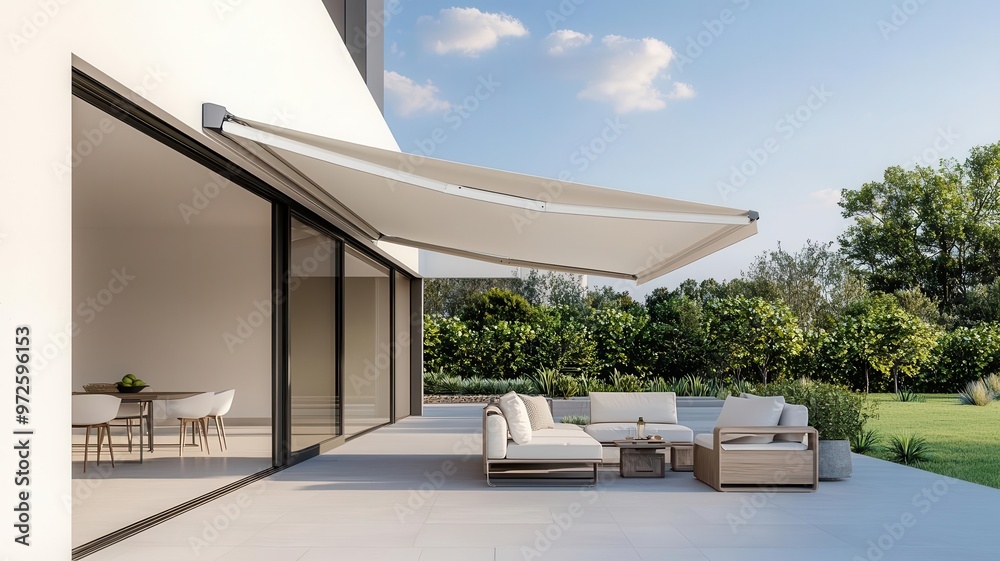 Fototapeta premium Modern retractable awning providing shade for outdoor patio furniture