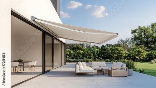 Modern retractable awning providing shade for outdoor patio furniture photo