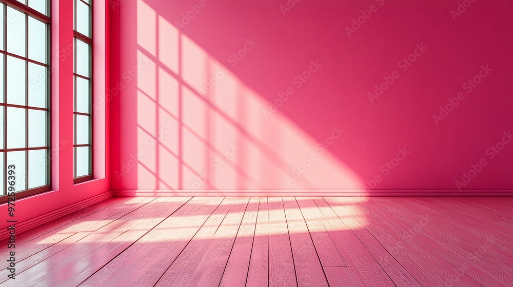 A sunlit pink room with large windows casting shadows on the wooden floor, perfect for design concepts, home decor, and art projects, A sunlit pink room with large windows casting shadows on the wooden floor, perfect for design concepts, home decor, and art projects,